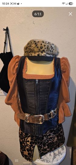 Steampunk Jacket with fur collar, mini skirt. ,black corset white blouse
