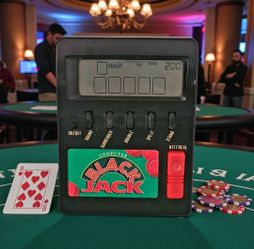 Waco Model 06905 Electronic Black Jack Handheld Travel Game Tested Working 1990s Era. Setup- Insert two AA batteries into the back compartment. Press 