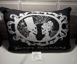 New black Halloween Happy Haunting Victorian skeleton wedding throw decoration pillow