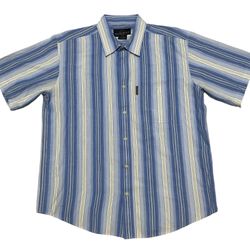 Vintage Weatherproof Men’s Blue Yellow Brown Striped Button Up Shirt Size L/G