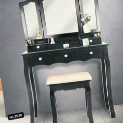 Vanity Set with Cushioned Stool 5 Drawers, Makeup Dressing Table with Tri-Folding Mirror , Black
