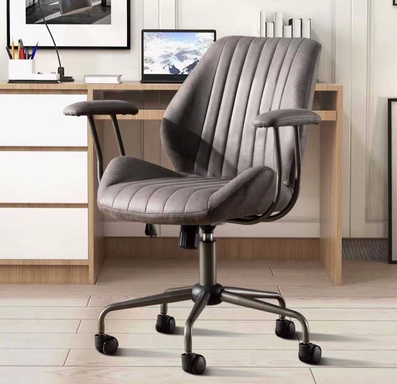 Ergonomic Home Office Chair, Comfy Faux Leather Chairs with Swivel Rolling Wheels Padded Armrests, Mid-Century Modern Computer Task Executive Armchair
