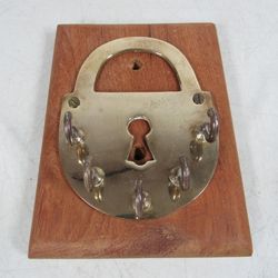 Padlock Shaped Solid Brass Key Holder Wall Mounted Plaque W/5 Hooks
