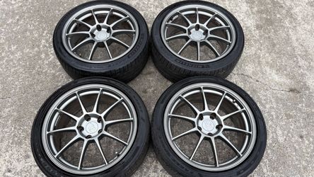 18 INCH TR MOTOR SPORT GUN METAL RIMS AND TIRES,MADE IN JAPAN 5x114.3