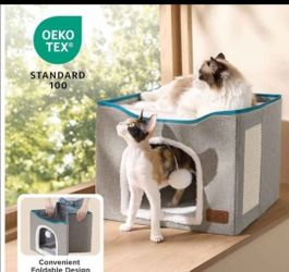 Bedsure Cat House Bed for Indoor Cats with Fluffy Ball and Scratch Pad,Grey