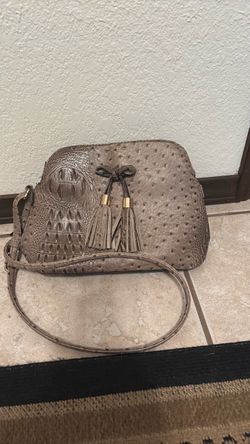 Gray Embossed Leather Crossbody Bag with Tassels