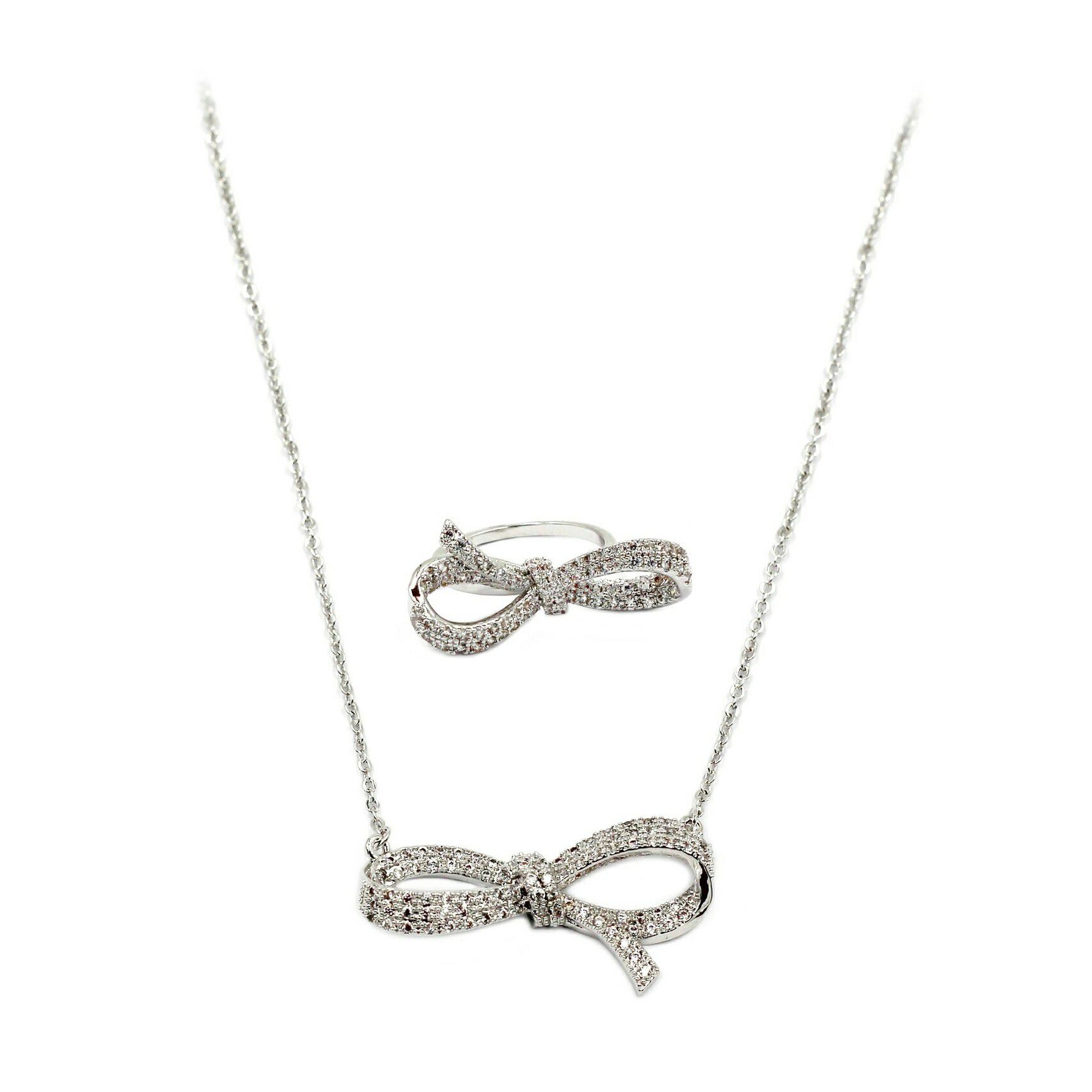 Fashion crystal ribbon knot necklace ring set
