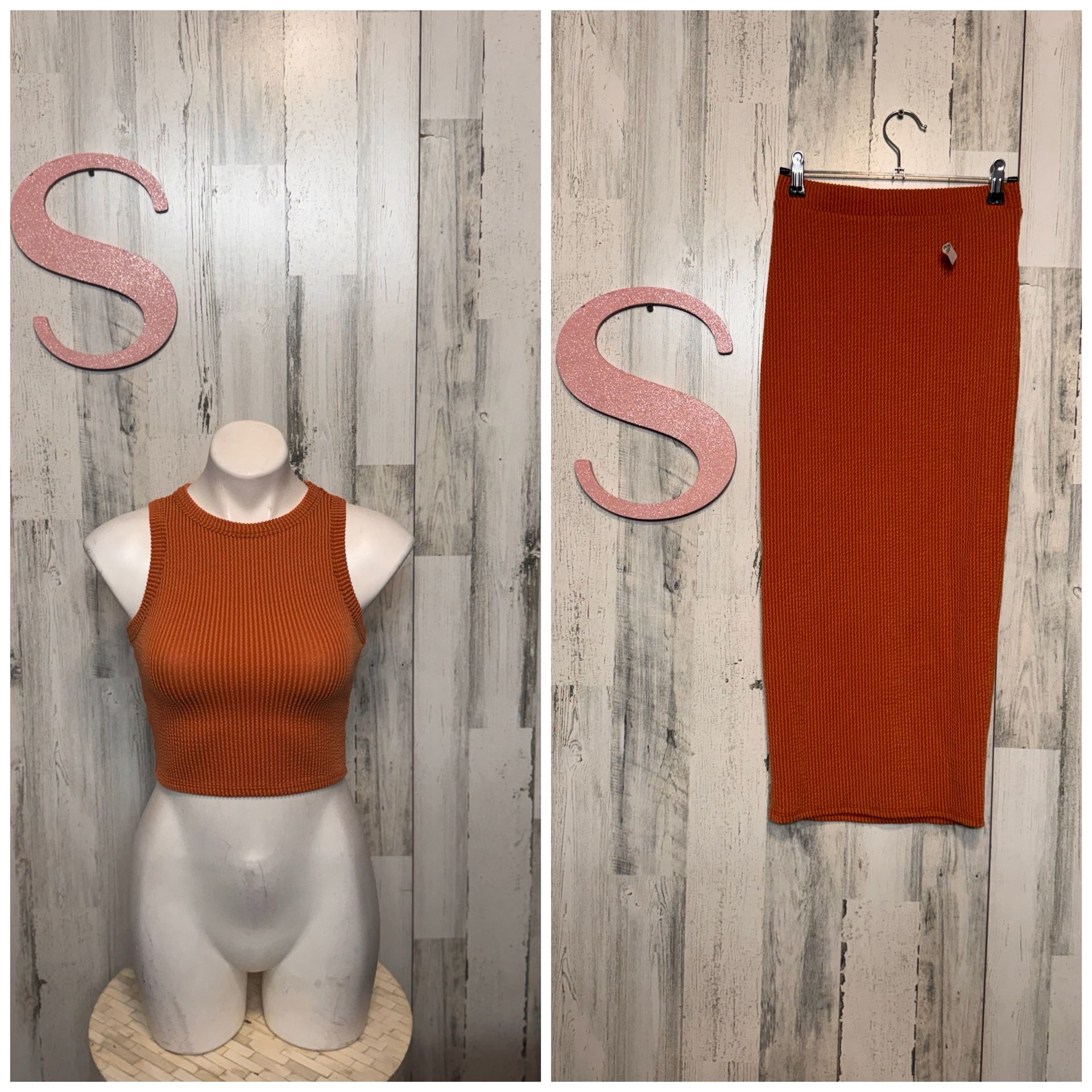 Saints Ribbed Knit 2 Piece Set Crop Tank & Midi Skirt Burnt Orange Size Small