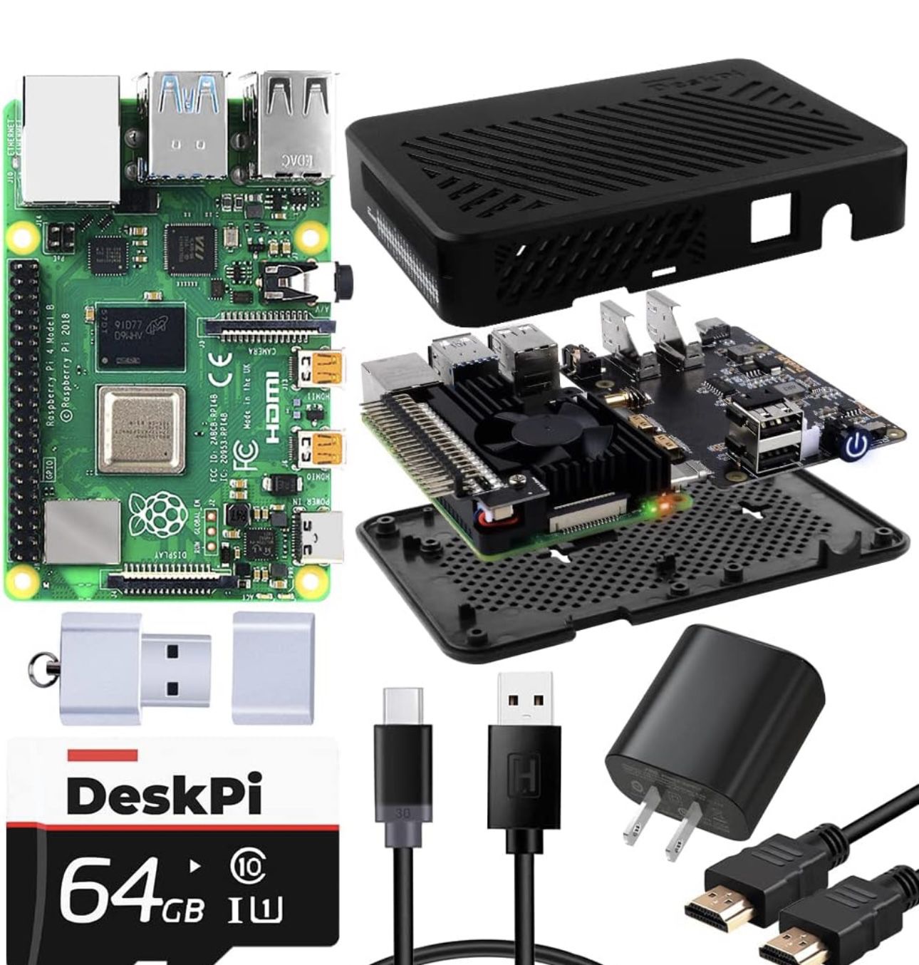 GeeekPi Raspberry Pi 4 4GB Kit - 64GB Edition, DeskPi Lite Raspberry Pi 4 Case with Power Button/Heatsink/PWM Fan, Raspberry Pi 4 Power Supply for Ras