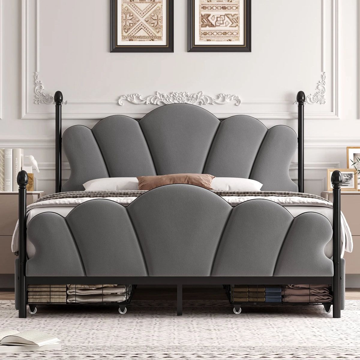QUEEN SIZE 4 DRAWER BED FRAME, HEAVY DUTY METAL PLATFORM BED WITH ADJUSTABLE VELVET UPHOLSTERED HEAD