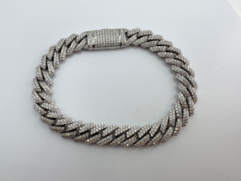 Mens Iced Out CZ Cuban Link Sterling Silver 8” Bracelet 45.6 Grams 11053178
