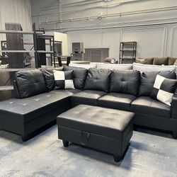 Black Vinyl Sectional On Sale FREE OTTOMAN