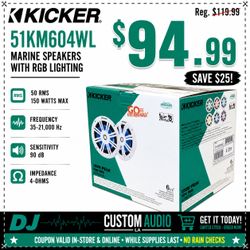 Kicker KM604WL Marine Speakers 1 Set 6.5" 2-Way Coaxial Speaker System RGB LED Lights 150 Watts 51KM604WL 🚨 Payment Options Available 🚨 No Credit Ne