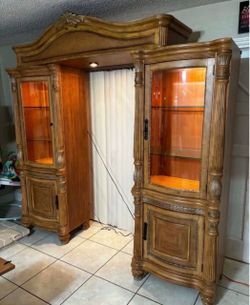 Glass Cabinets With Glass Shelves & Lights- Solid Wood- Good Condition
