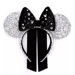 Disney Minnie Mouse Silver and Black Sequined Ears Headband Glitzy Rhinestones