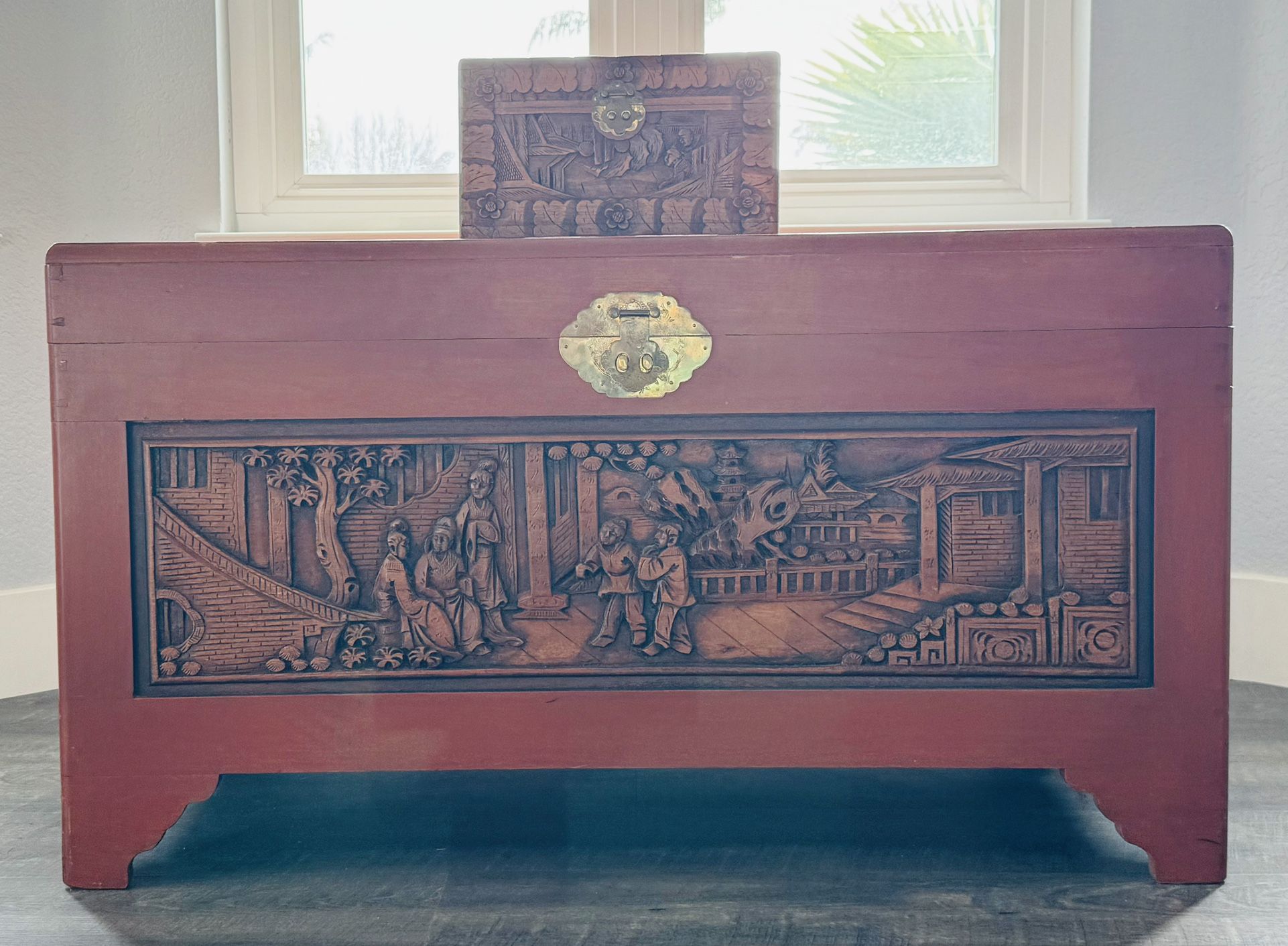 Chinese Carved Hardwood Figural Blanket Chest with Street Scene in Relief 20thC  