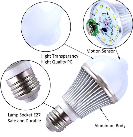 Motion Sensor Led Bulb 5W E27 PIR Infrared Motion Sensor Light Detection Lamp Auto Switch Night Light for Porch Patio Garage Stairs Lobby Carport Corr
