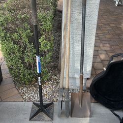 Tamper, post hole digger and flat shovel