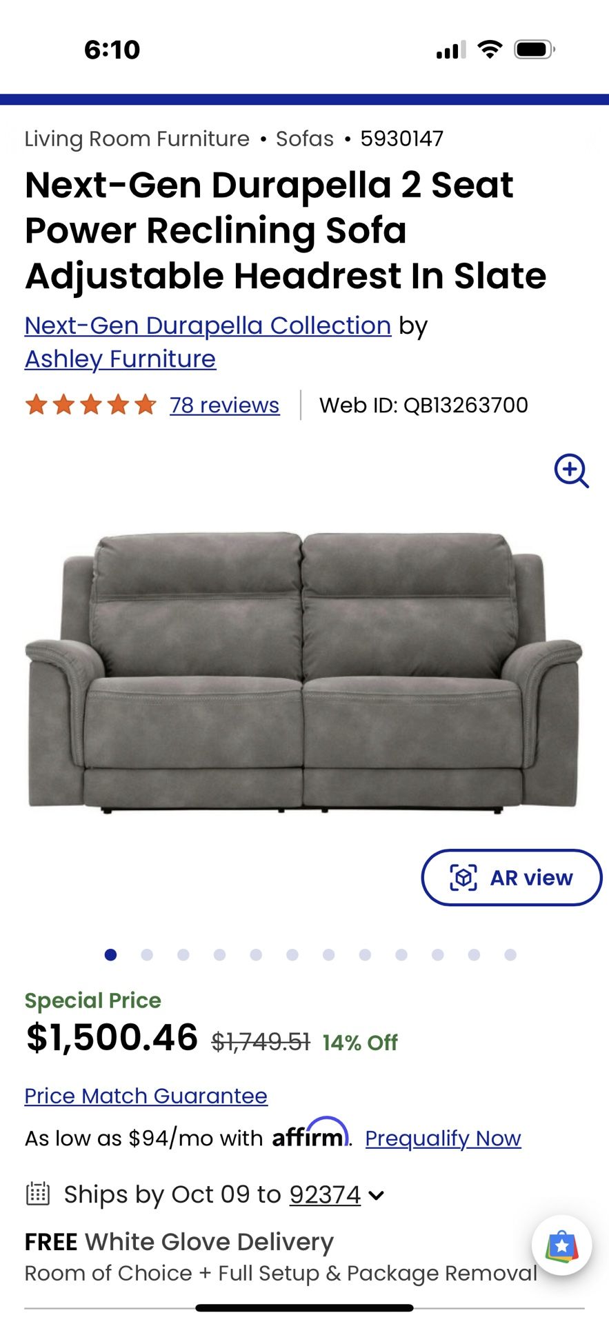 Next Gen DuraPella 2 Seat Power Recliner Sofa Adjustable HDREST