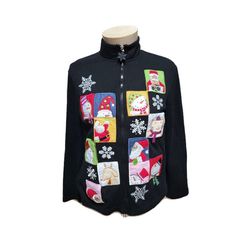 Onque Casual Small Patch Black Zip Up Christmas Sweater Pockets Embellished 