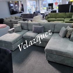 ✅️✅️4 pc fog grey corduroy fabric sectional sofa with double chaise ✅️✅️