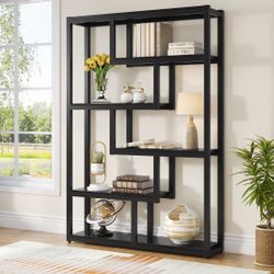 5-Tier Bookshelf, 69" Industrial Etagere Bookcase with Staggered Shelves