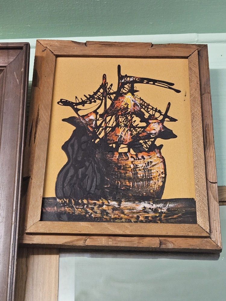 Vintage Wood Framed Ship Painting- 2 Ships