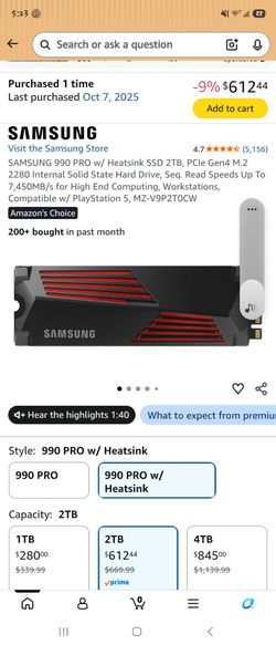SAMSUNG 990 PRO w/ Heatsink SSD 2TB, PCIe Gen4 M.2 2280 Internal Solid State Hard Drive