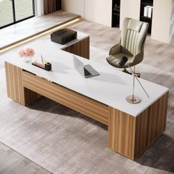 85.8" L-Shaped Executive Desk, Extra Large Office Desk with File Drawers, Modern Business Furniture with Door Cabinet, $280