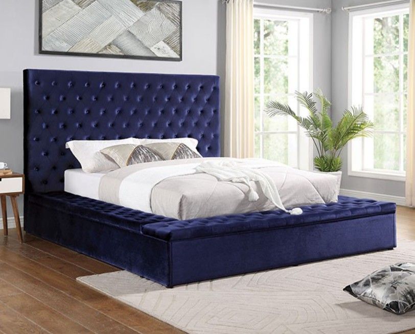 Brand New Navy Blue Queen Size Storage Platform Bed Frame