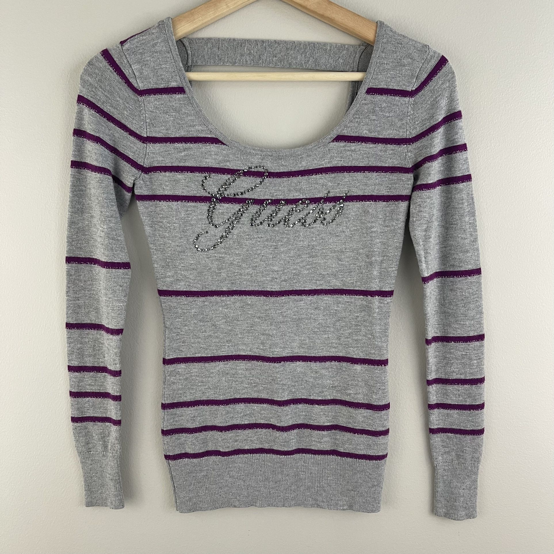 GUESS Vintage Y2K Vibes Grey Purple Glitter Stripe Bling Graphic Fitted Sweater