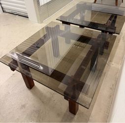 Mid Century Smoked Glass Top Teak End Tables MCM