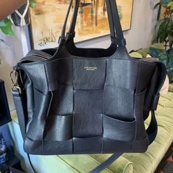 Lia Numa Leather Basket Weave Bag Purse Navy Black Handbag