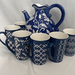 Elegant Blue  Unique Kettle And Mugs Set
