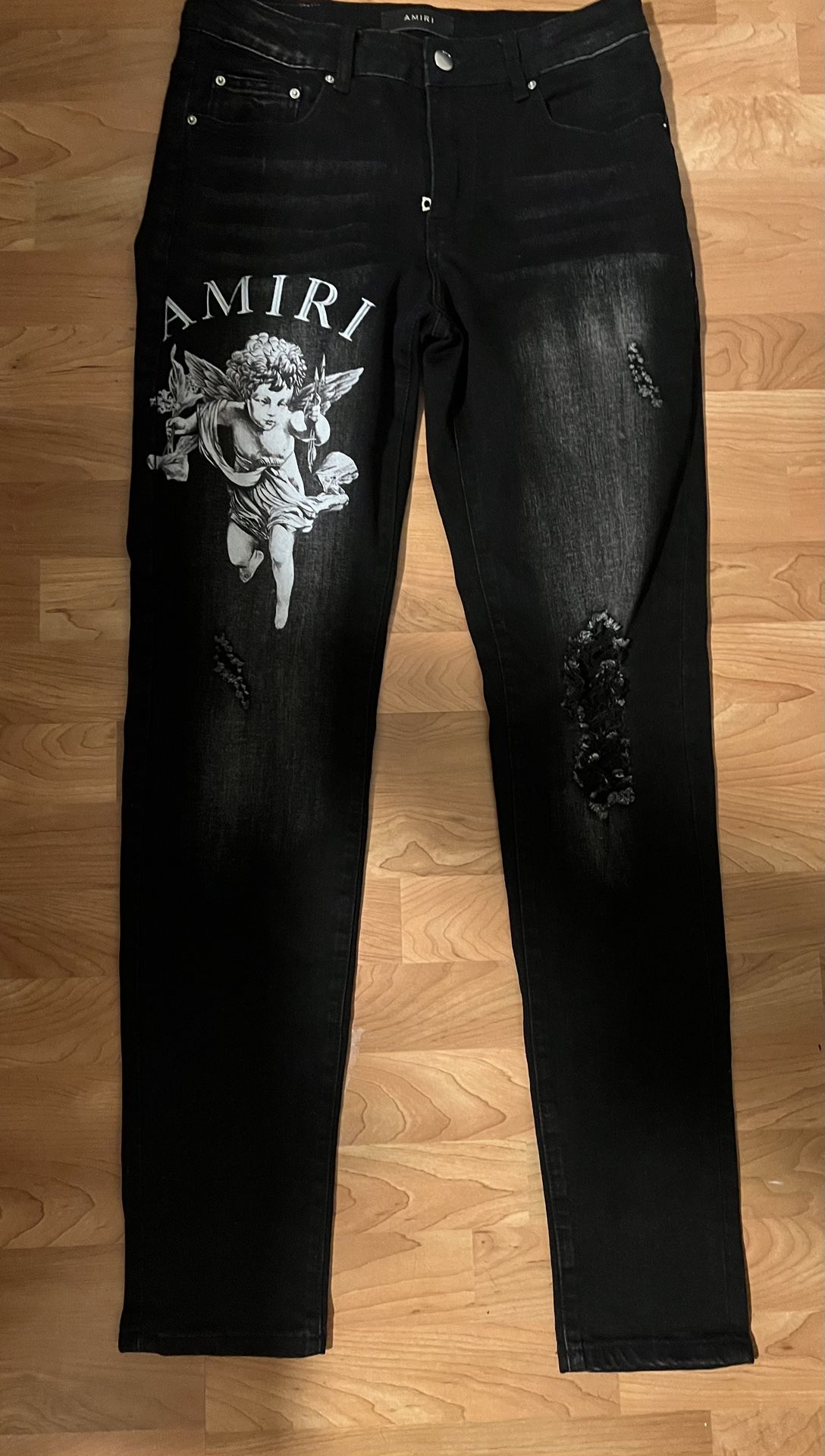 30 Amiri Cherub Angel Jeans Logo Denim Black White Distress. Men's Reps