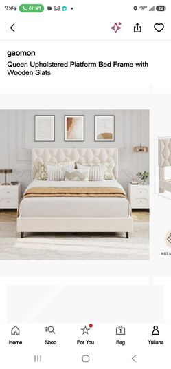 Queen Upholstered Platform Bed Frame with Wooden Slats