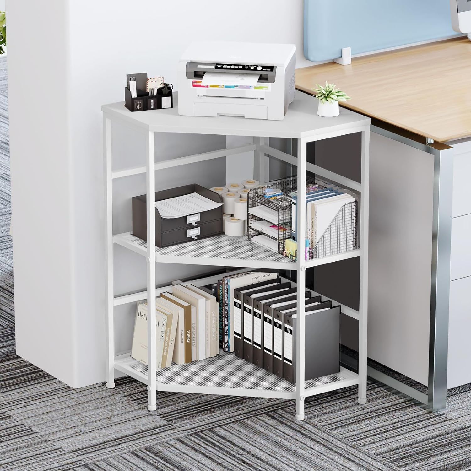New EasyCom Corner Printer Stand with Charging Station, Adjustable Height Storage Shelf, Triangle Corner Table for Small Space White