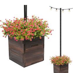 Large Decorative Wooden Planter w/ Universal Pole Support for String Light Poles, Umbrellas, Bird Feeders. Solid Wood Outdoor Garden Patio Box For Pla