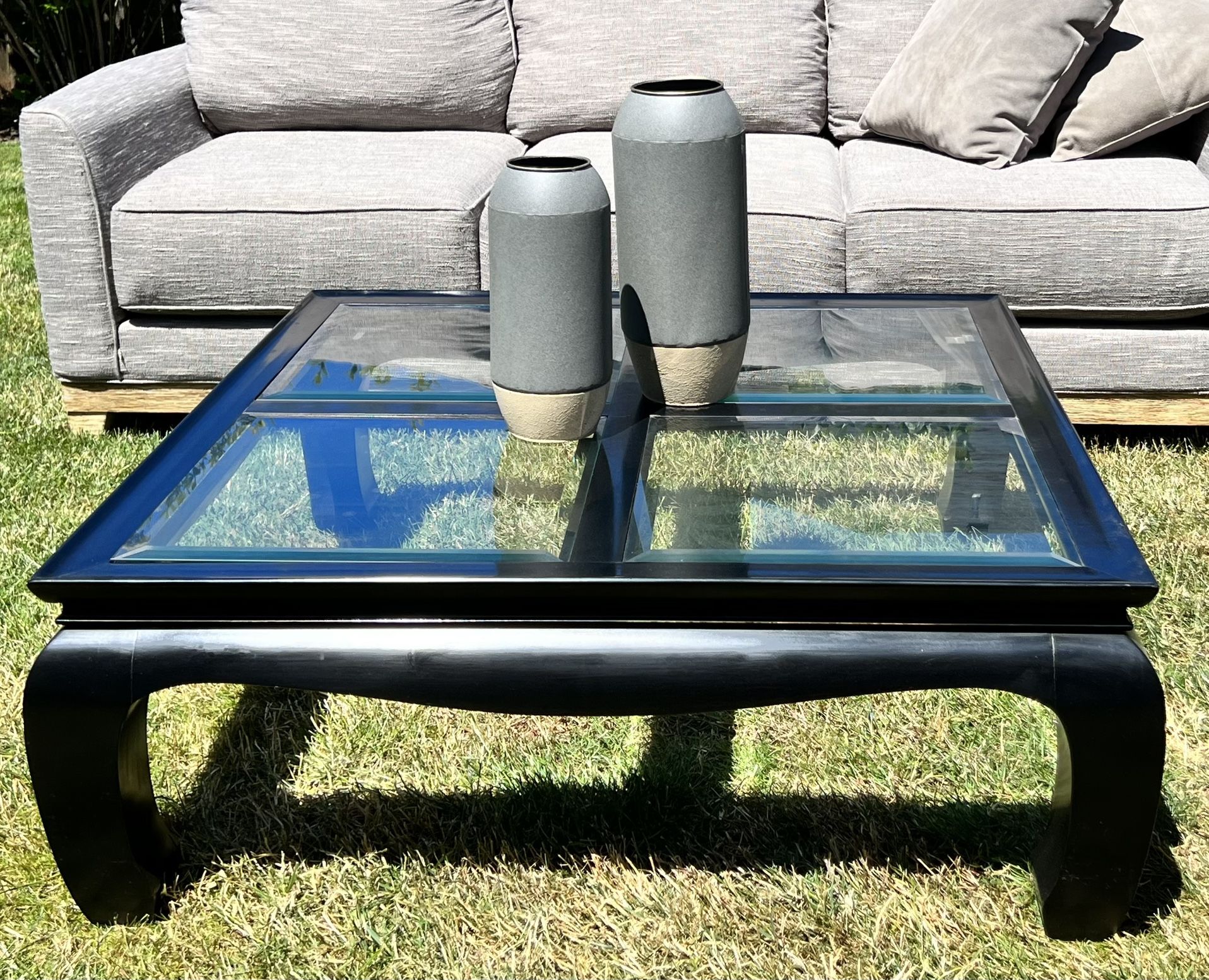 Beautiful Coffee Table Black Wood Base With Glass Panels