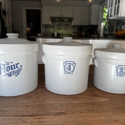 Vintage Pfaltzgraff Yorktowne Stoneware Canisters w/ Lids - Rare Keystone & Script Mix