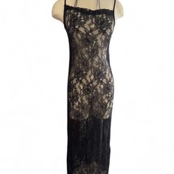 Women’s Size XS H&M Black Sheer Floral Lace Maxi Dress with Spaghetti Straps — Egalitarian Fancy Party Cocktail Event Designer Los Angeles
