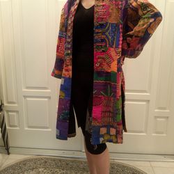 Vintage long patchwork open front jacket coat quilted cotton blazer jacket with ancient Chinese coins buttons, Size 52. 

