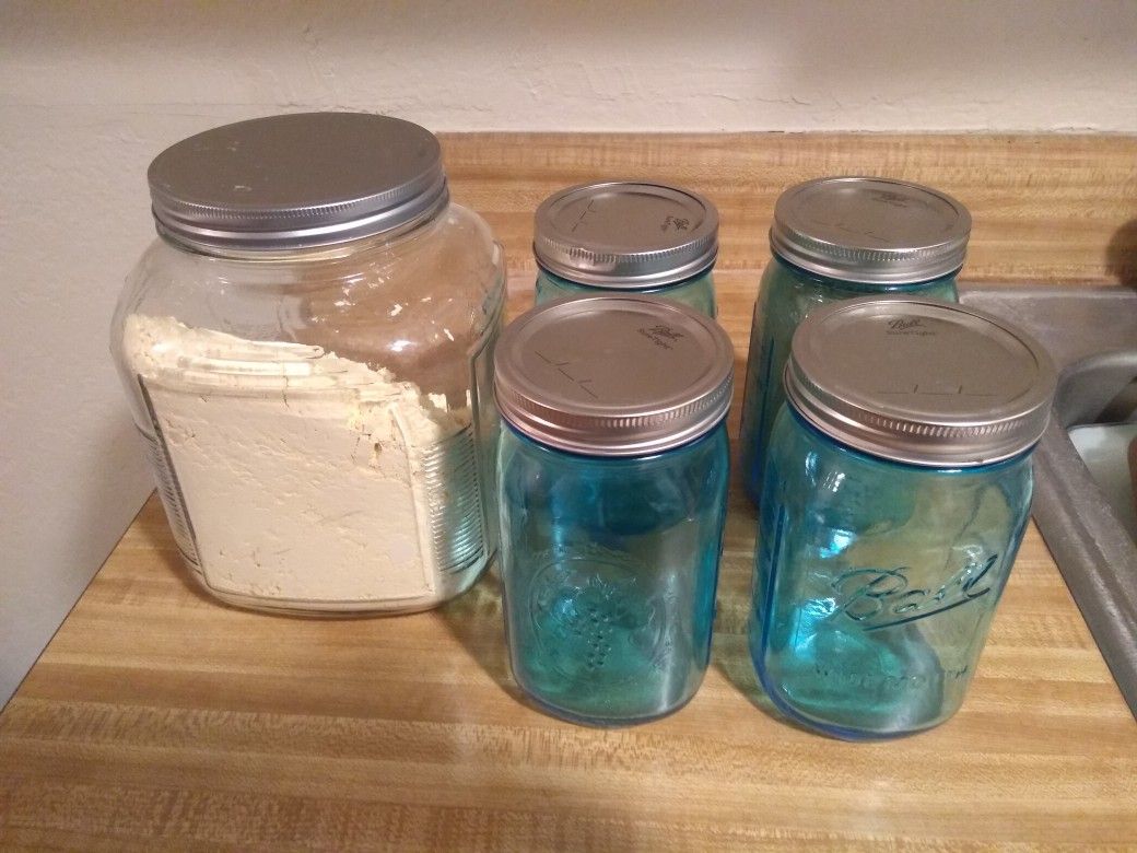 4 Blue Glass Mason Jar and one white Glass Big Jar