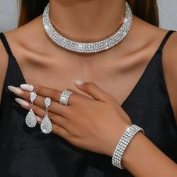 Wedding Photography Water Diamond Silver Four-Row Necklace Earrings Elastic Bracelet Elastic Ring 4-Piece Set