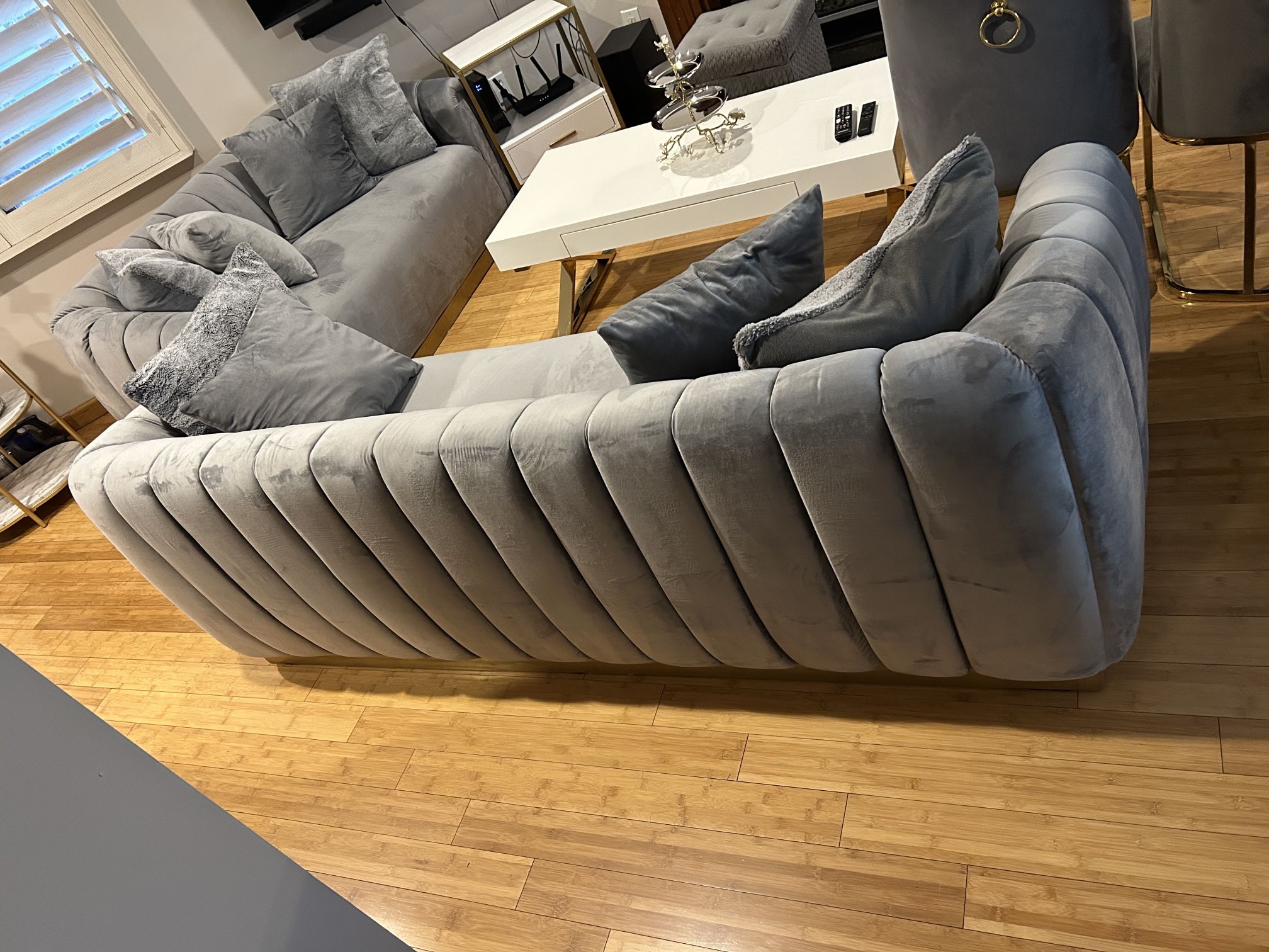 Modern Grey Velvet Sofa Couch (Set of 2)