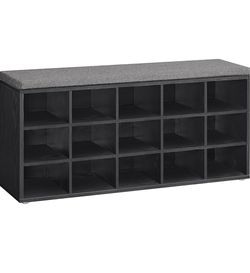 Shoe Bench, Storage Bench with Padded Seat, Entryway Bench with 15 Compartments, for Bedroom, 11.8 x 41.3 x 18.9 Inches, Ebony Black and Slate Gray UL