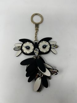 Kate Spade New York Owl Key Fob Bag Charm Black Glitter Leather Keychain