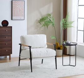 Minimalist White Metal Frame Polyester Arm Chair, Accent Chair with Plush Cushions, Wooden Armrests