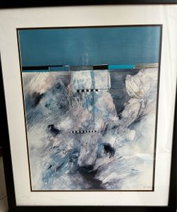 Abstract Mixed-Media Artwork or giclée print featuring a textured, multi-layered composition with blue and gray tones, signed by American artist John 