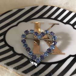 Vintage Amethysts And Periwinkle Rhinestone Heart Brooch 